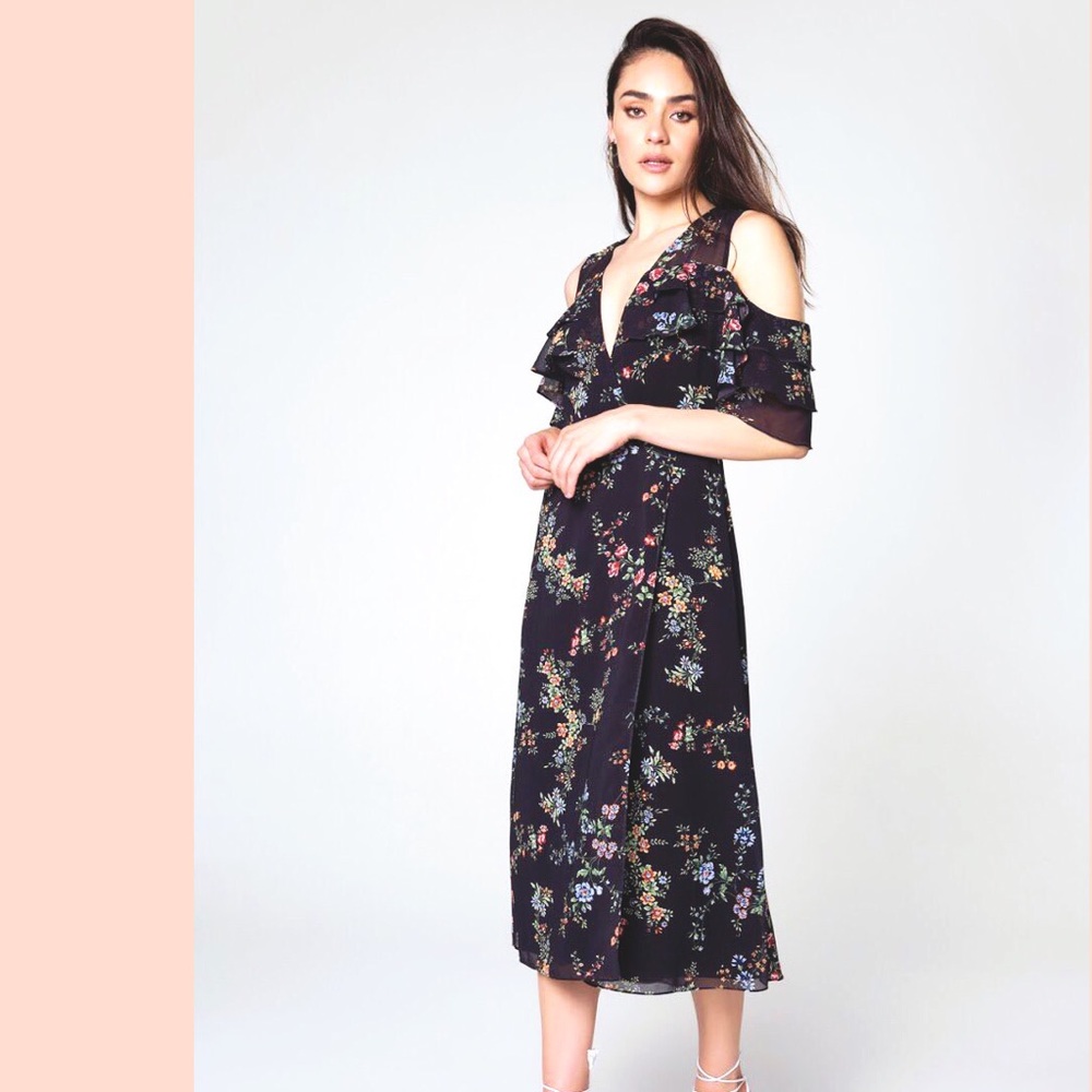 Cold shoulder floral wrap dress